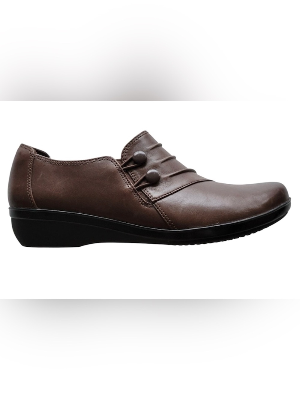 Clarks Brown Leather Everlay Romy Slip-On Mule with Button Accent